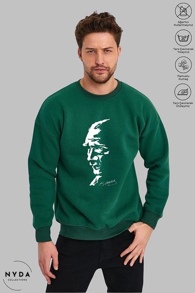 Nyda Collections Унисекс суитшърт с дълъг ръкав, щампа на Ататюрк и силует, кръгло деколте, без качулка и повдигнати връзки