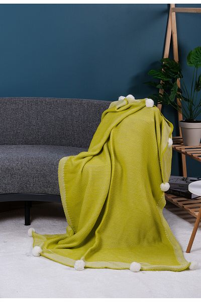 YGT Home Green Violet Knitwear Tv Blanket - 10 Pompom Pistachio, 130X170 Leg Shawl
