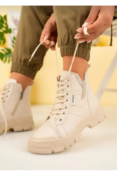 Özkan Ayakkabı BEJ 'Y' TAŞ DETAYLI BAĞCIKLI TERMO TABAN  BOT