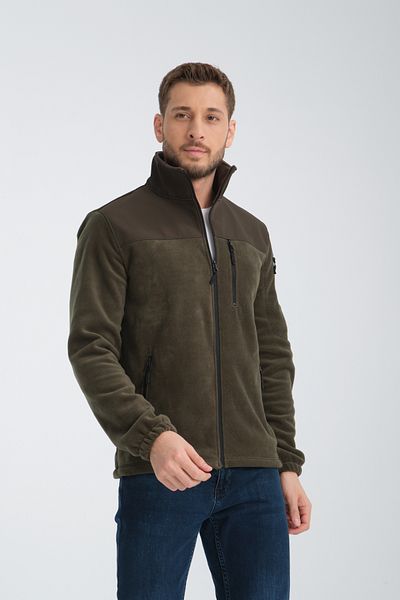 Store Men's Khaki Full Zipper Antipilling Non Pilling Softshell Garnished Fleece Jacket