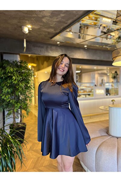 Sheeny Lina Uzun Kol Kısa Kloş Etek Mini Lacivert Saten Elbise