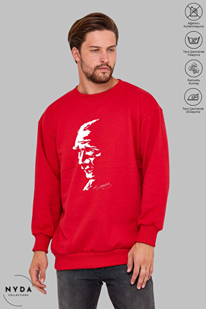 Nyda Collections Unisex Uzun Kollu Atatürk Silüet Baskılı Bisiklet Yaka Kapüşonsuz Şardonlu Oversize Sweatshirt