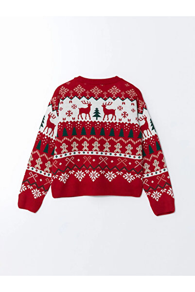 LC Waikiki LCW Kids Kırmızı Jakarlı Bisiklet Yaka Yılbaşı Temalı Kız Çocuk Triko Kazak