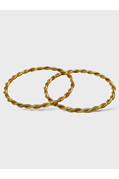 Arnes Jewelry Çelik Altın Kaplama 2li 2 Adet Kalın Burma Bilezik
