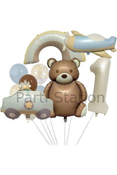 Parti Station Retro Ayıcık Polis Arabası Gökkuşağı Uçak Konsept 1 Yaş Balon S...