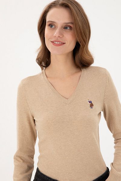 U.S. Polo Assn. Pulover de damă Sand Melange Basic cu decolteu în V 50288983 -vr123