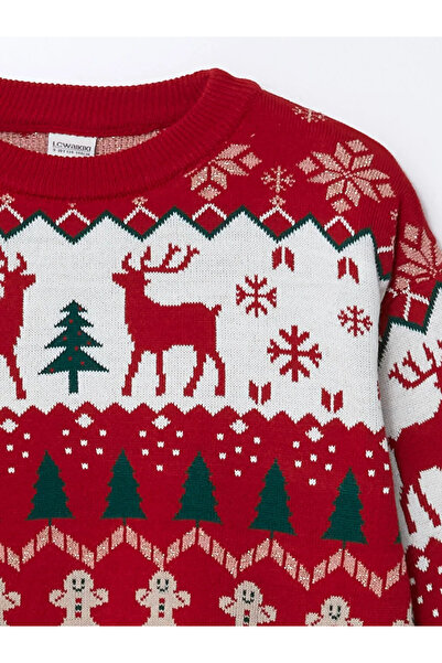 LC Waikiki LCW Kids Kırmızı Jakarlı Bisiklet Yaka Yılbaşı Temalı Kız Çocuk Triko Kazak