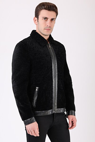 Leather Club Siyah Hakiki Deri Garnili Kürk Kaban