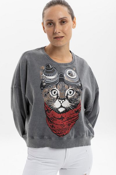 S-Ponder Women's Explorer Cat Design Sweatshirt 100% Cotton Long Sleeve