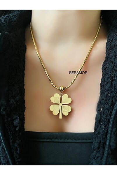 SERAMOR Topçuk detaylı kararmaz Çelik 4 yapraklı yonca kolye
