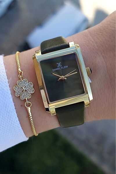 Daniel Klein Women's Green Leather Strap Gold Yellow Rectangular Case Women's Wrist Watch with Rhinestone Bracelet Gift