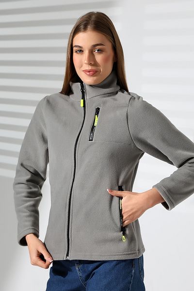 TİJA Women's Zippered Pocket, Gray Fleece Cardigan, Jacket, Anti Pilling Non-Pilling Fleece