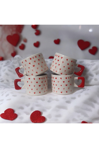 ikiseramik 4 lü Kırmızı Minik Kalpler Çizimli El Yapımı Doğal Seramik Kalp Kupa / Mug - Çay&Kahve Fincanı
