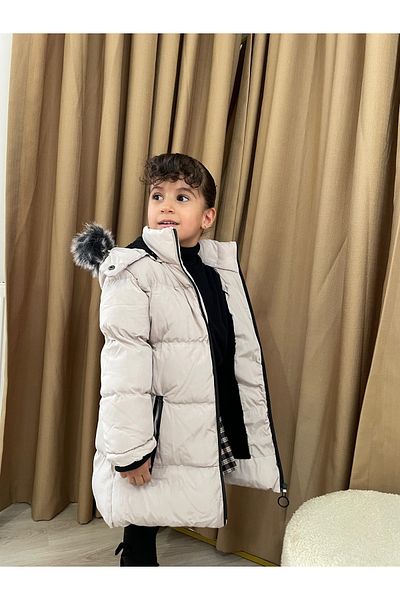 FineKids Béžový dievčenský kabát - kapucňa z vlákna, vodeodolný a vetruodolný nafukovací