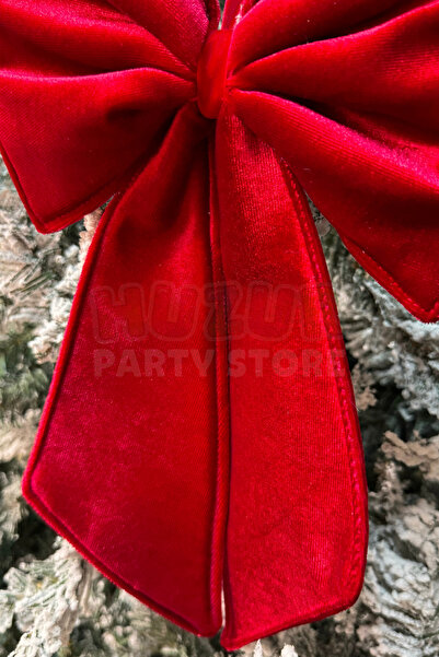 Huzur Party Store Büyük Kırmızı Kadife Fiyonk Kurdele 30x16 Cm Parlak Kumaş Yılbaşı Temalı Çam Ağacı Süsü Dekoru