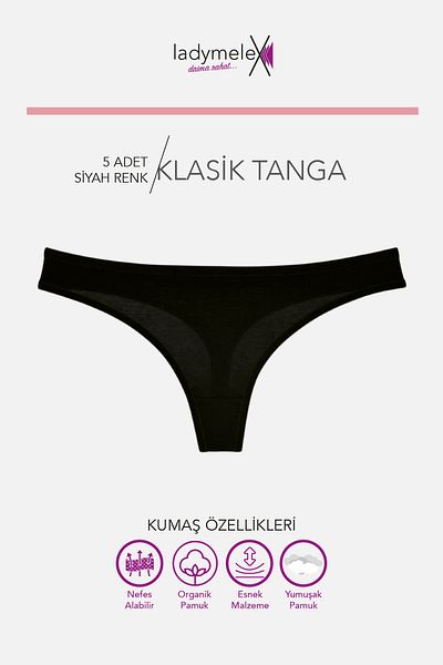 LadyMelex Women's Thong, Black Classic Thong, 5-Pack, 100% Comfortable Soft Fabric