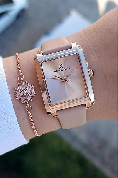 Daniel Klein Powder Leather Strap Rose Gold Rectangular Case Women's Wrist Watch with Rhinestone Bracelet Gift
