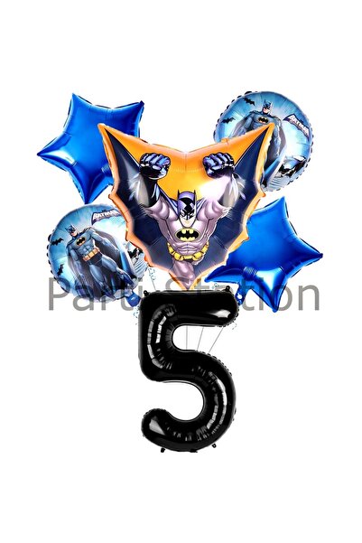 Parti Station Batman 5 Yaş Rakam Yıldız Balon Set Yarasa Adam Batman Doğum Gü...