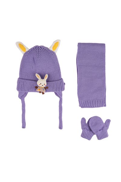 Kitti Kitty 0-12 Months Plush Rabbit Model for Baby Girl and Child - Inner Fleece Scarf Beanie Gloves Set of 3