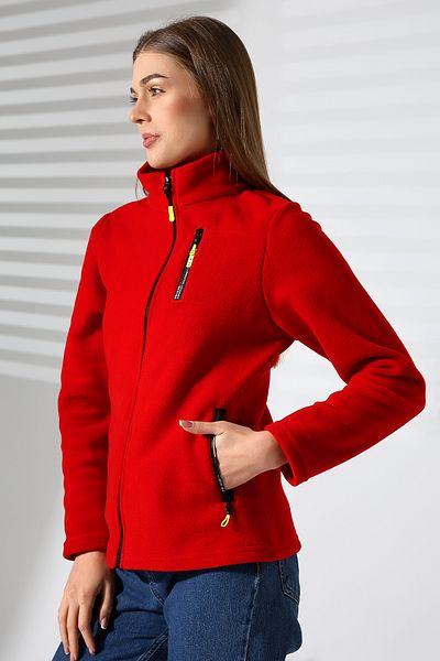 TİJA Red Women's Fleece Cardigan - Anti Pilling Non-Pilling Jacket with Zipper and Pocket