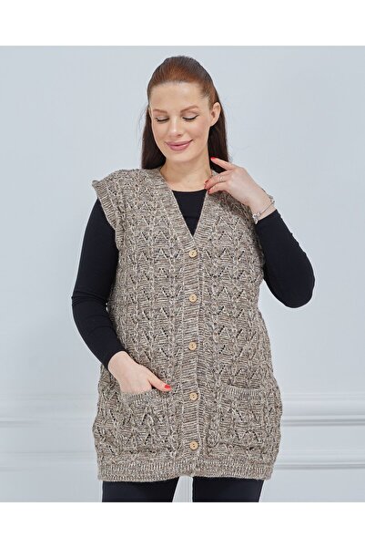Fresh&Moda Women's Melted Houndstooth Model Thick Winter Knitted Pocket Knitwear Mother Vest