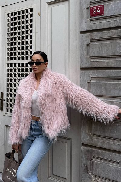 ASEDE Regular Size Soft Texture Lined Pocket Detail Plump Sunshine Fur Coat