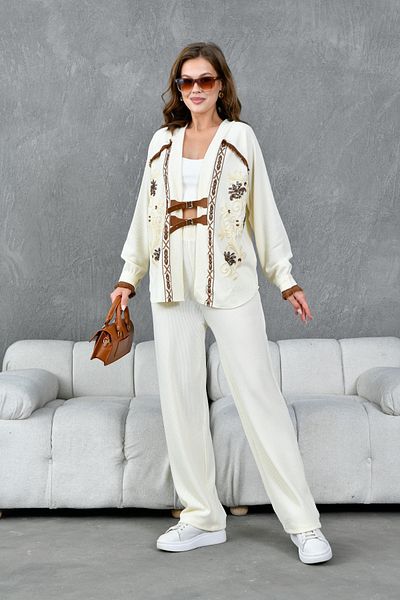 Miss Allos Women's Sequin Sequin Embroidered Tassel Detailed Belted Knitted Knitwear Kimono Jacket and Pants Bottom Top Suit