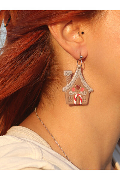 Doa Design El Yapımı Polimer Kil Yılbaşı Gingerbread House ,Süslü Kurabiye Ev , Kadın Küpe Aksesuar