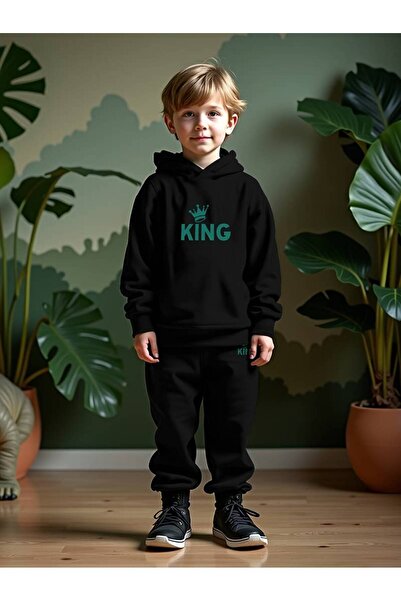 LEONE KOLEKSİYON Детски и бебешки унисекс суичър с щампа Black King / комплект за детска стая, анцуг