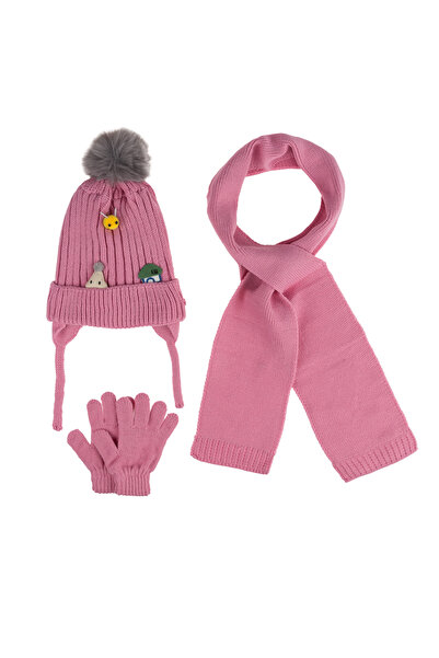 Kitti Ki̇tti̇ 1-3 Years Old Baby Girl & Child Cute Friends Model - Scarf, Beanie, Gloves with Fleece Inside, Set of 3