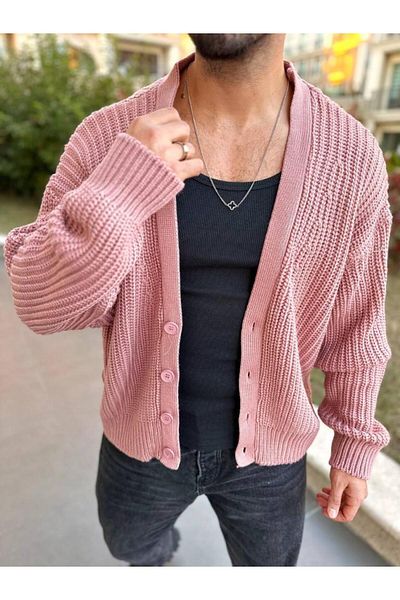 elkumoda Knitwear Patterned Cotton Cardigan - Shawl Collar, Non-Pilling, Buttoned