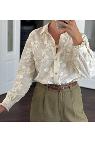 Astrea Butik ÇİÇEK İŞLEMELİ UZUN KOL PAMUK GÖMLEK KREM