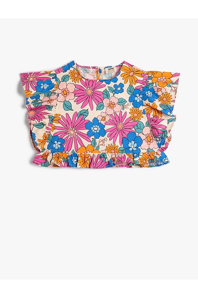 Koton Crop-Bluse, Rüschen, detaillierter Rundhalsausschnitt, Baumwolle