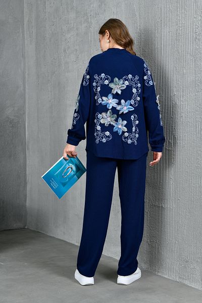 Miss Allos Women's Back and Sleeves Embroidered Tulle Floral Detailed Knitted Knitwear Kimono Jacket and Pants Bottom Top Set