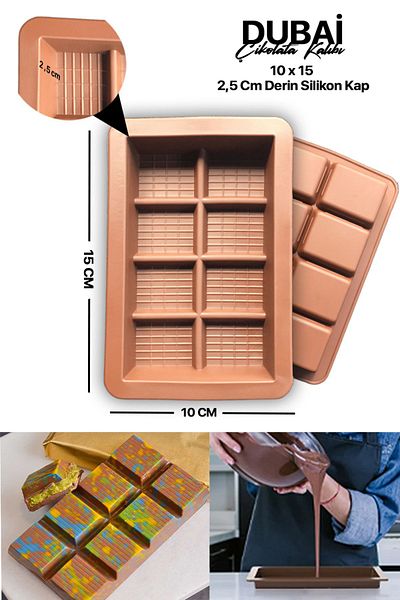 epoksi kalıp cank 8 Compartments Dubai Chocolate Mold Silicone Chocolate Mold Depth 2.5 Cm, 10 X 15cm
