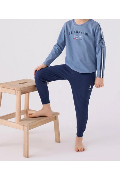U.S. Polo Assn. Set de pijamale din bumbac albastru pentru băieți - Gât rotund și picior cu manșetă Q.1U9.SK.1ÇC.1KK