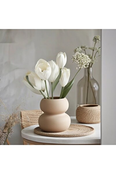 Lui Tasarım İskandinav Tarzı Dekoratif  Seramik Vazo Açık Kahverengi 15 cm