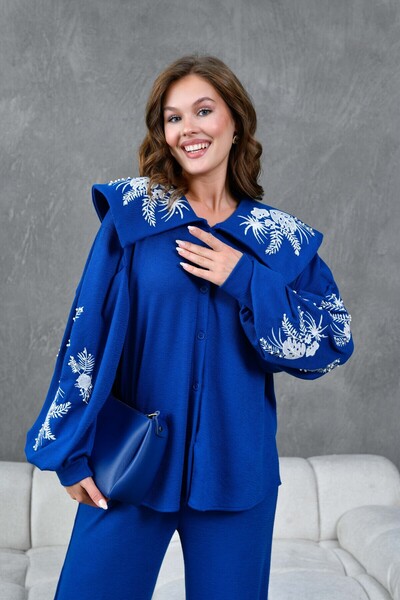 Miss Allos Women's Apron Collar Embroidery Embroidered Knitwear Shirt and Pants Bottom Top Set