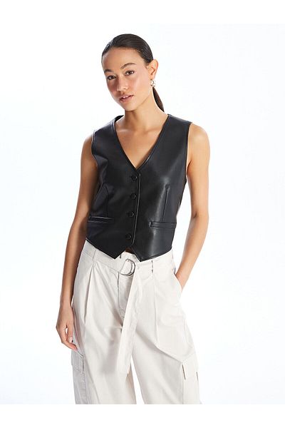 LC Waikiki Lcwk V-Neck Leather Look Women's Classic Vest