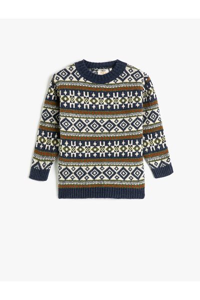 Koton Sweater Knitted Round Neck Long Sleeve Ethnic Patterned