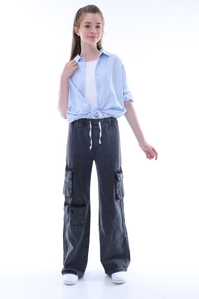 Jannock Pantaloni de blugi pentru fete, 100% bumbac, supradimensionați, cu buzunar cargo și talie elastică