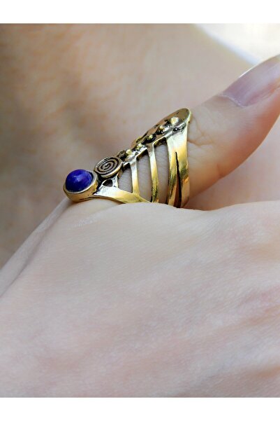 esha حجر طبيعي مستدير من اللازورد - خاتم نسائي عتيق قابل للتعديل Euy46l