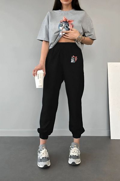Pink Sky Cute Cat Patterned Black Jogger T-Shirt and Sweatpants Set - Crew Neck