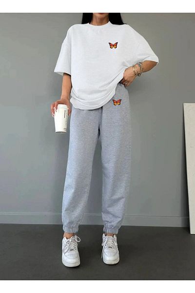 Pink Sky Tricou cu imprimeu fluture colorat Set de trening jos de sus