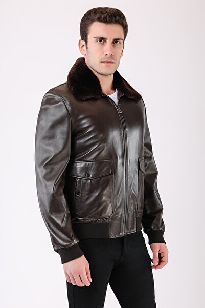 Leather Club Kahve Kürk Aksesuarlı Aviator Hakiki Deri Ceket