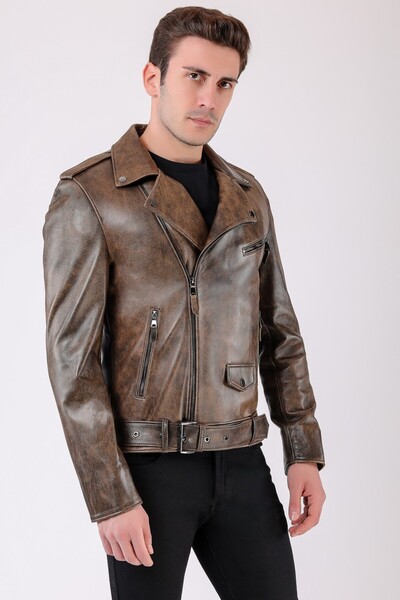 Leather Club Haki Kamuflaj Vintage Biker Hakiki Deri Ceket