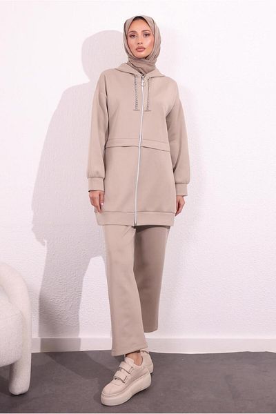 TRENDTESETTÜR Μπεζ Scuba Fabric - Γυναικείο Σετ Παντελόνι T 6654