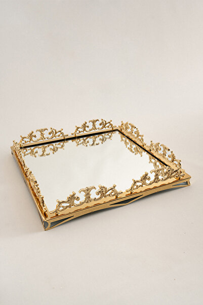 Nazik Home Elite Taç İşlemeli Kare Altın Büyük Tepsi (47 x 47 cm)