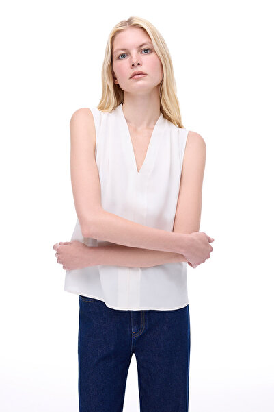 Perspective Farewell Regular Fit Zero Sleeve V-Neck Beige Color Women's Blouse