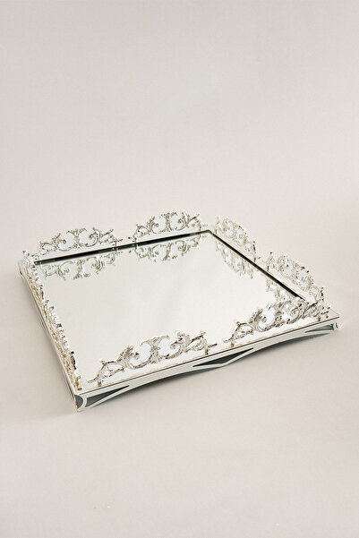 Nazik Home Elite Taç İşlemeli Kare Gümüş Büyük Tepsi (47 x 47 cm)